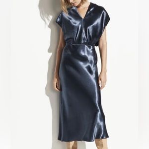 Vince Metallic Flutter Sleeve Midi Dress Blue Size 8